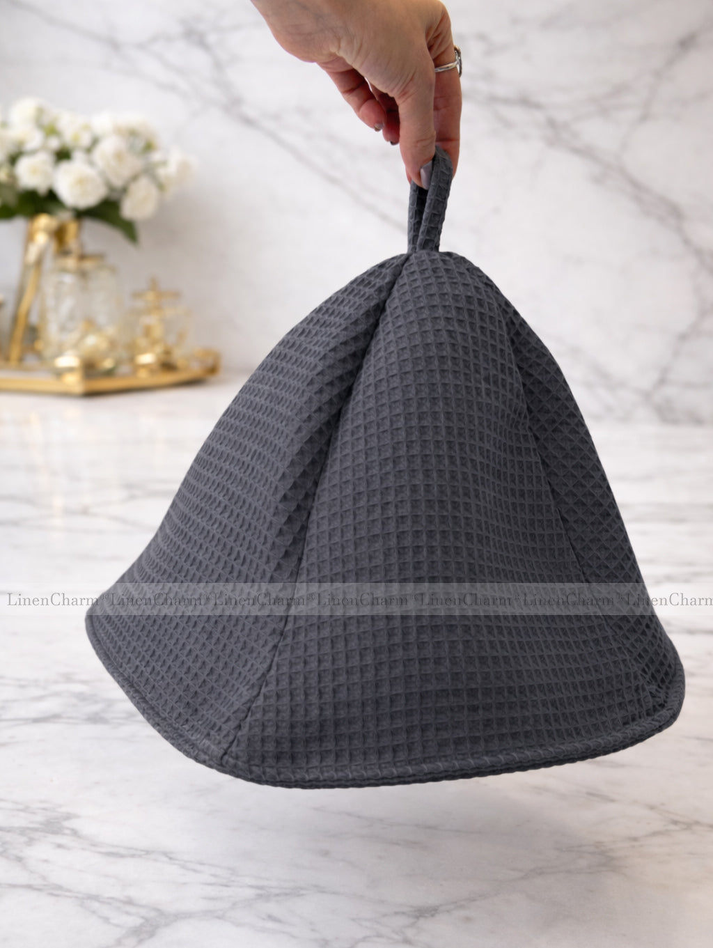 Saunahut Waffel Baumwolle 100% | Unisex Spa Kopfschutz – Anthrazit