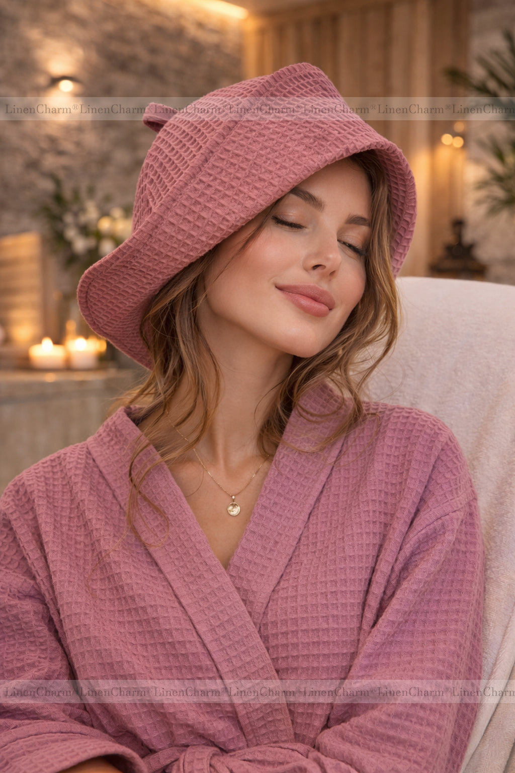 Saunahut Waffel Baumwolle 100% | Unisex Spa Kopfschutz – Old Rose