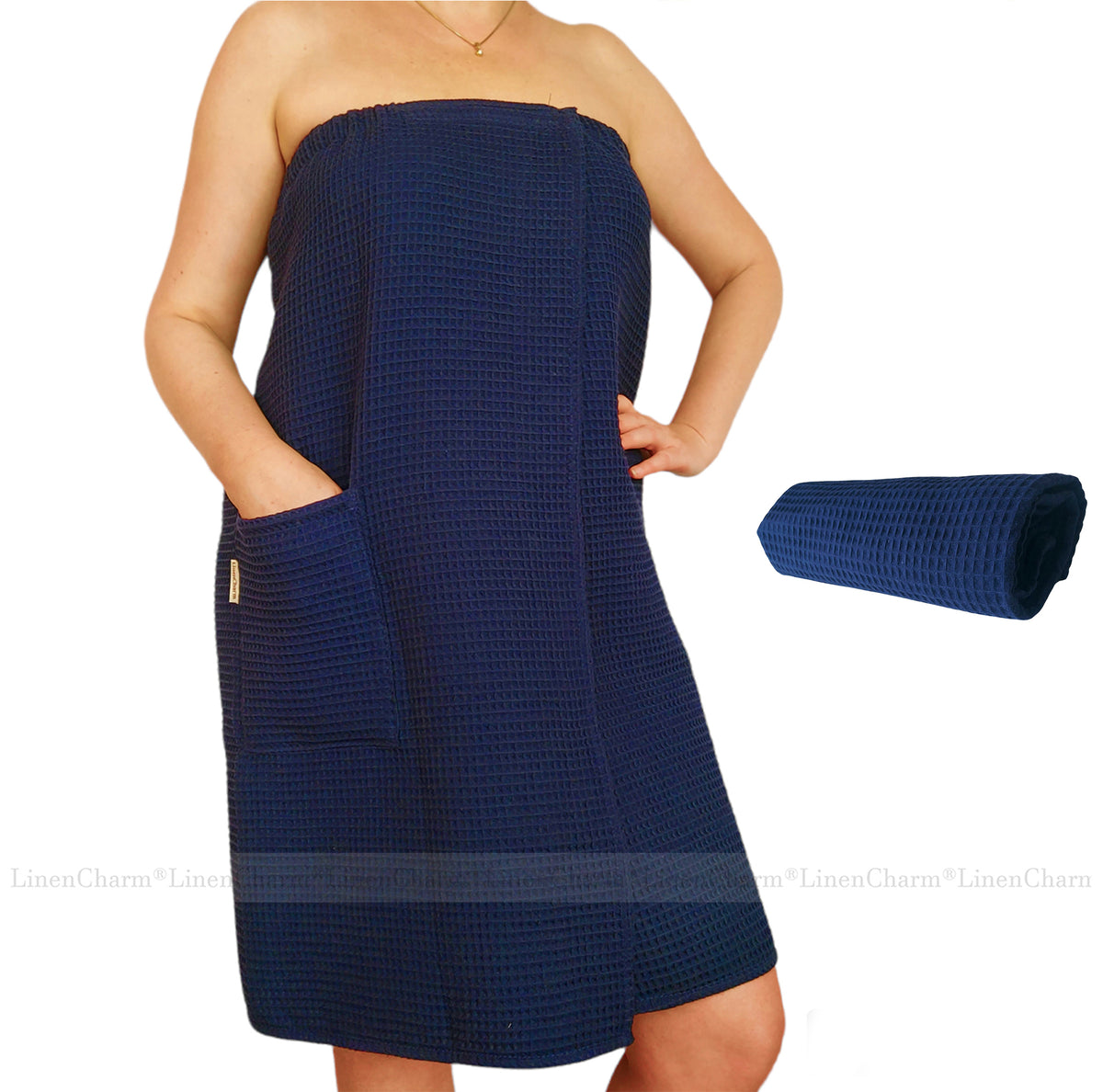 Saunatücher-Set Damen Marineblau – elegantes Sauna-Wickeltuch mit Handtuch aus 100 % Baumwolle