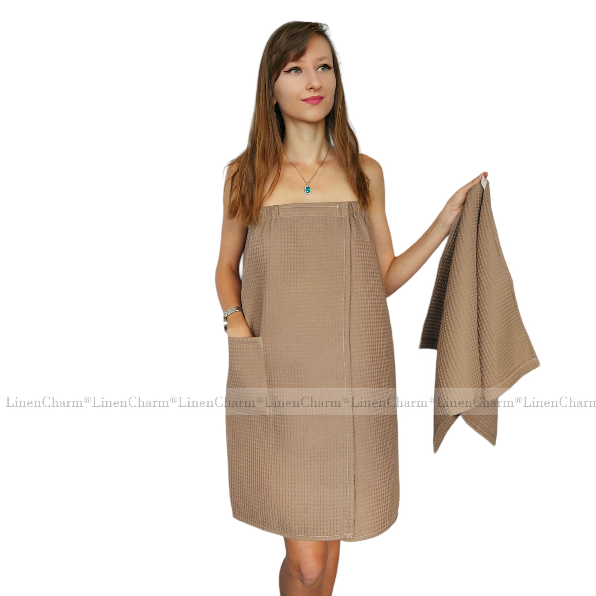 Saunatücher-Set Damen Taupe – elegantes Sauna-Wickeltuch mit Handtuch aus 100 % Baumwolle