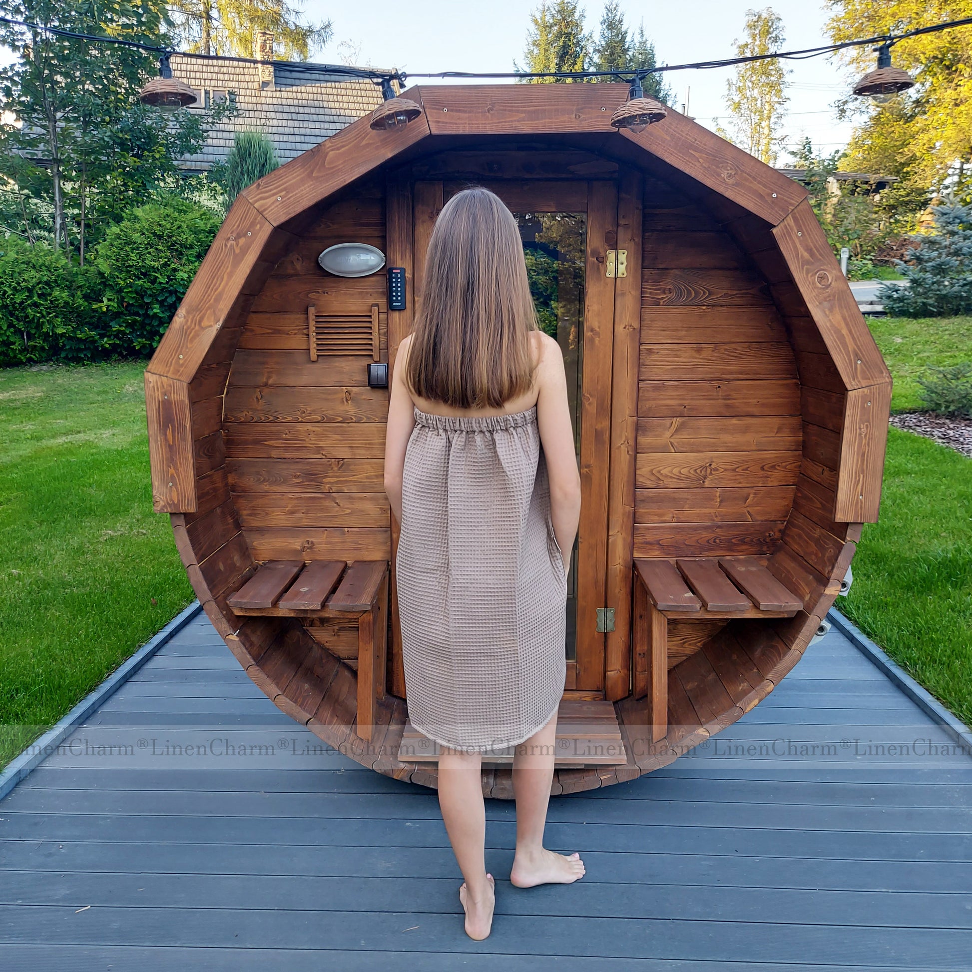 Damen Sauna-Wickeltuch Taupe – hochwertiges Baumwolltuch mit Klettverschluss und feiner Waffelstruktur