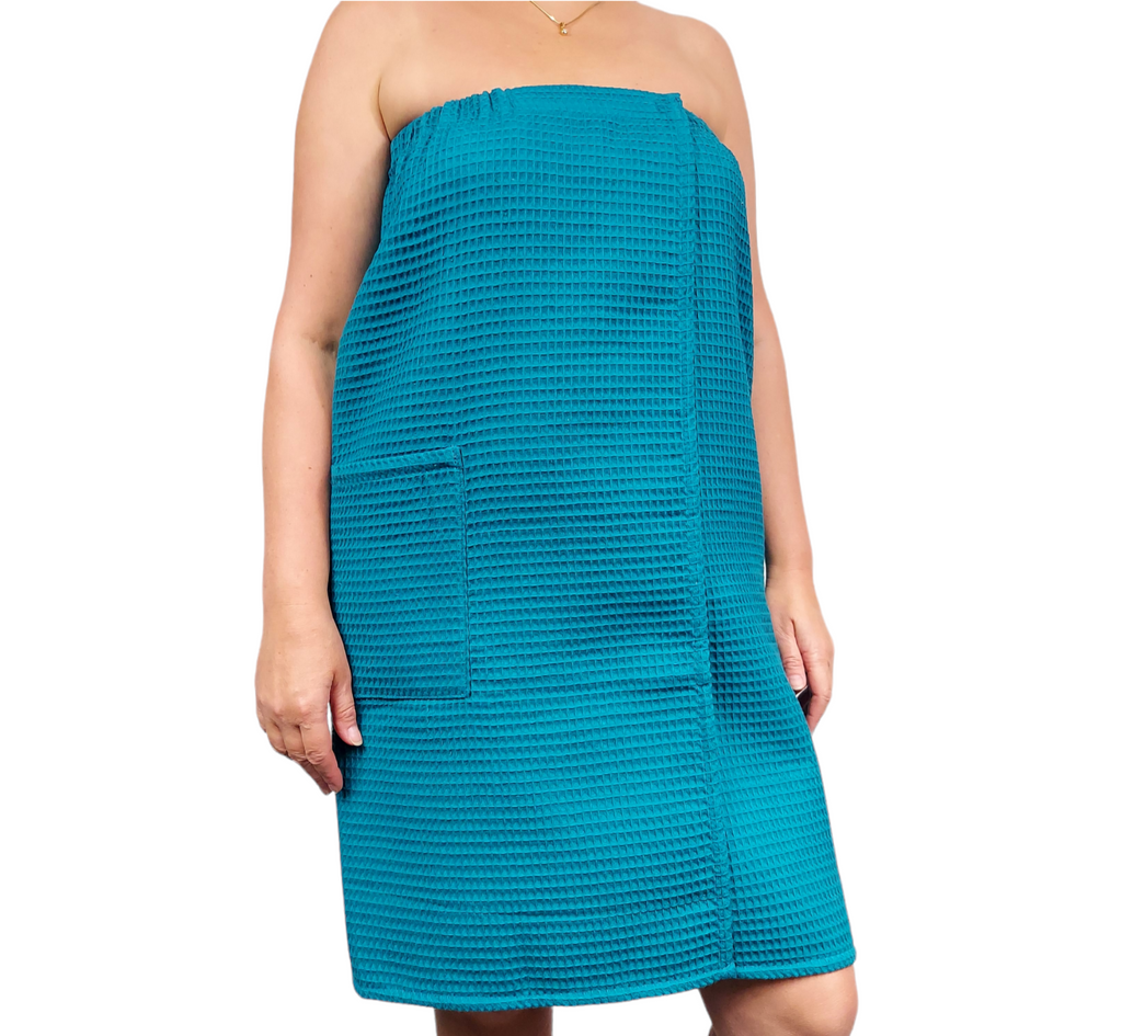 Detailansicht des Meeresblau Saunatuchs für Damen, Weiche Baumwolle, Perfekt für Wellness und Entspannung